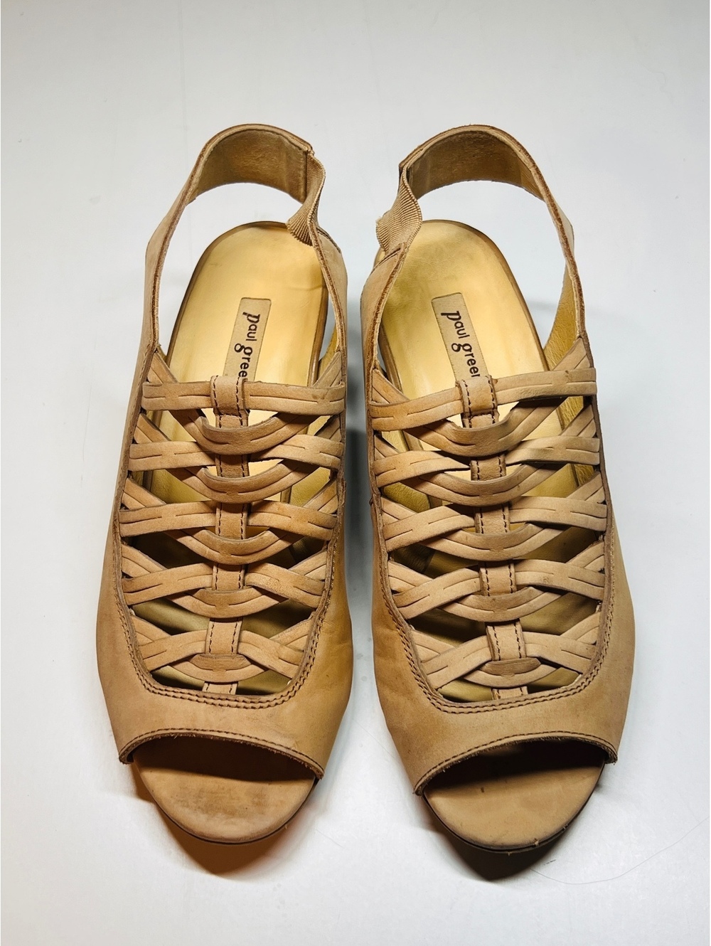 Paul Green Woven Leather Peep Toe Slingback Block Heel Sandals Tan Nude Size 5